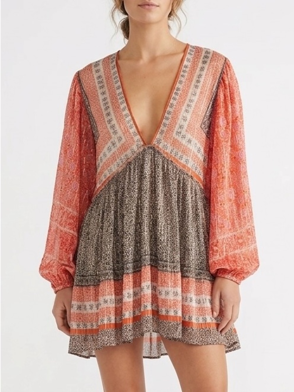 Free People Aliyah Printed Tunic Top Medium Black Orange Shimmer Boho Chic